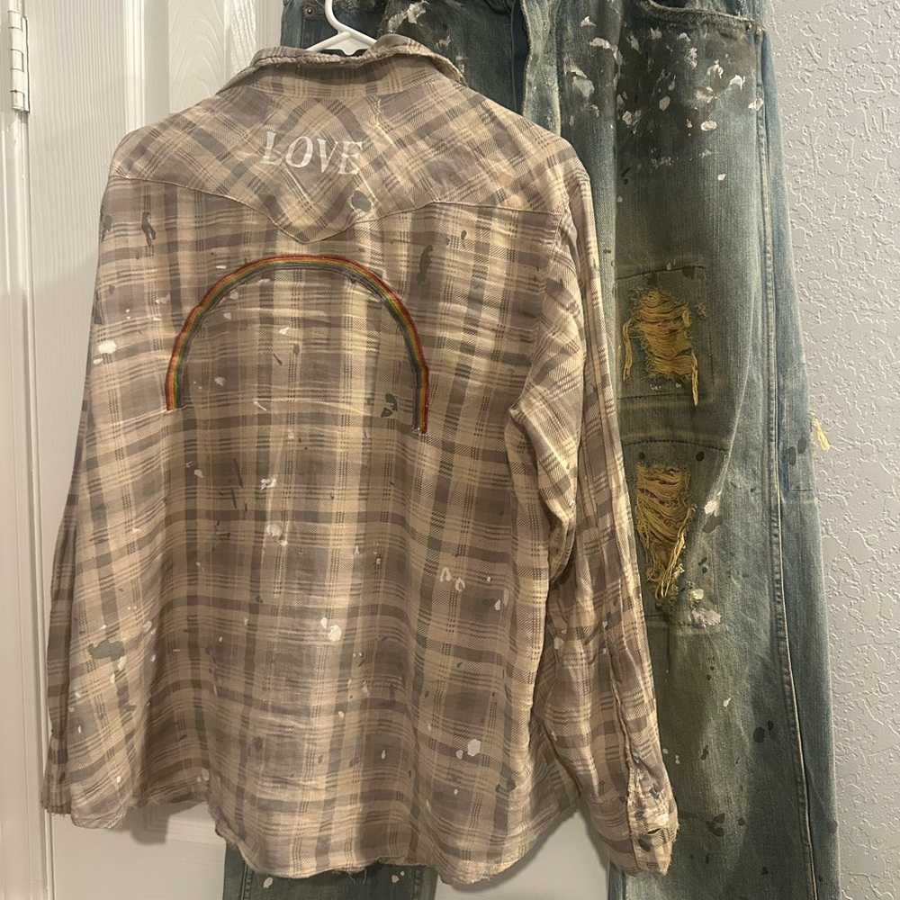 🚨🚨MAGNOLIA PEARL Calico denims and Plaid boyfriend shirt SET!!!🥰(can separate
